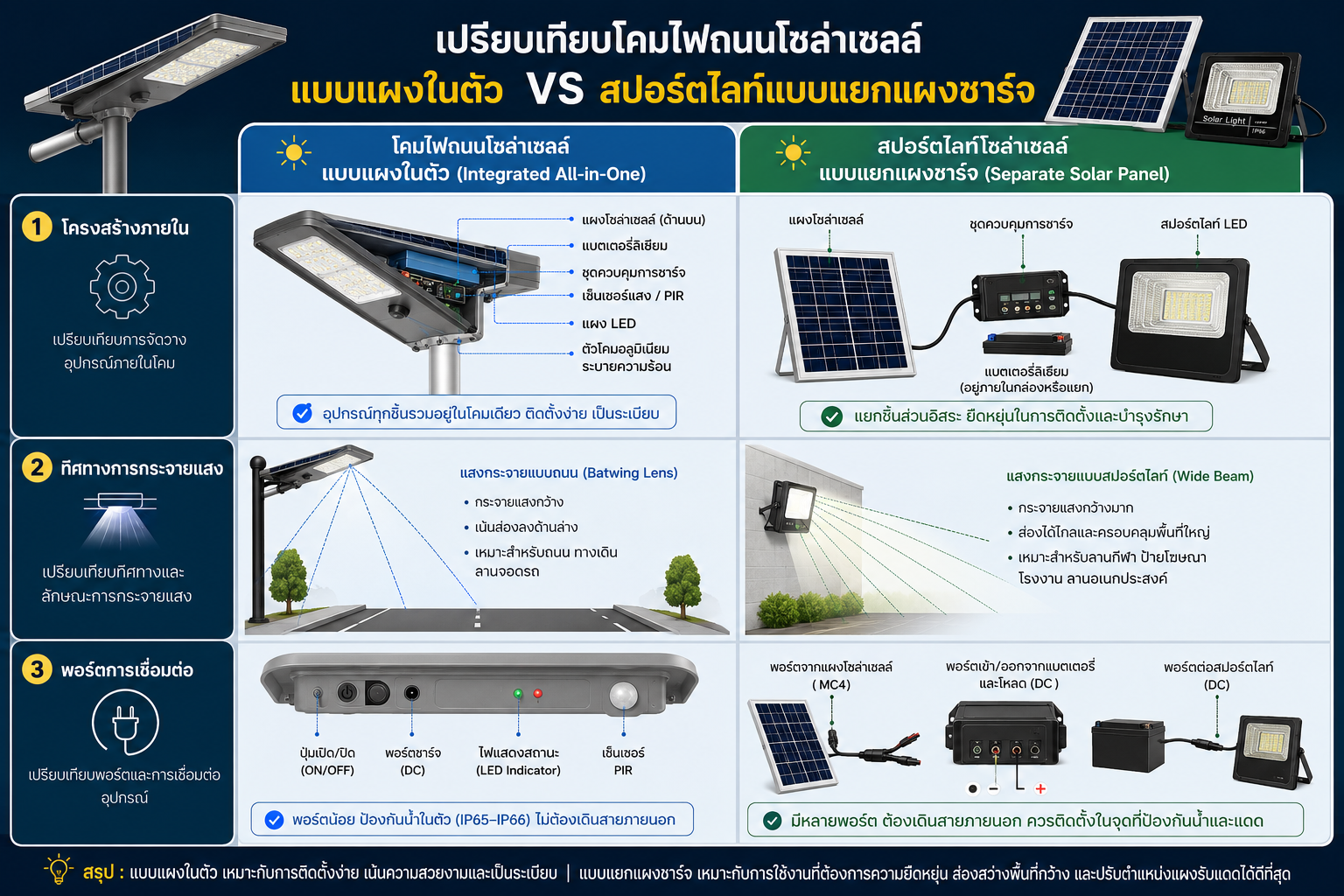 แผนภาพเปรียบเทียบข้อดีและวิธีเลือกใช้งานโคมไฟถนนโซล่าเซลล์และสปอร์ตไลท์โซล่าเซลล์